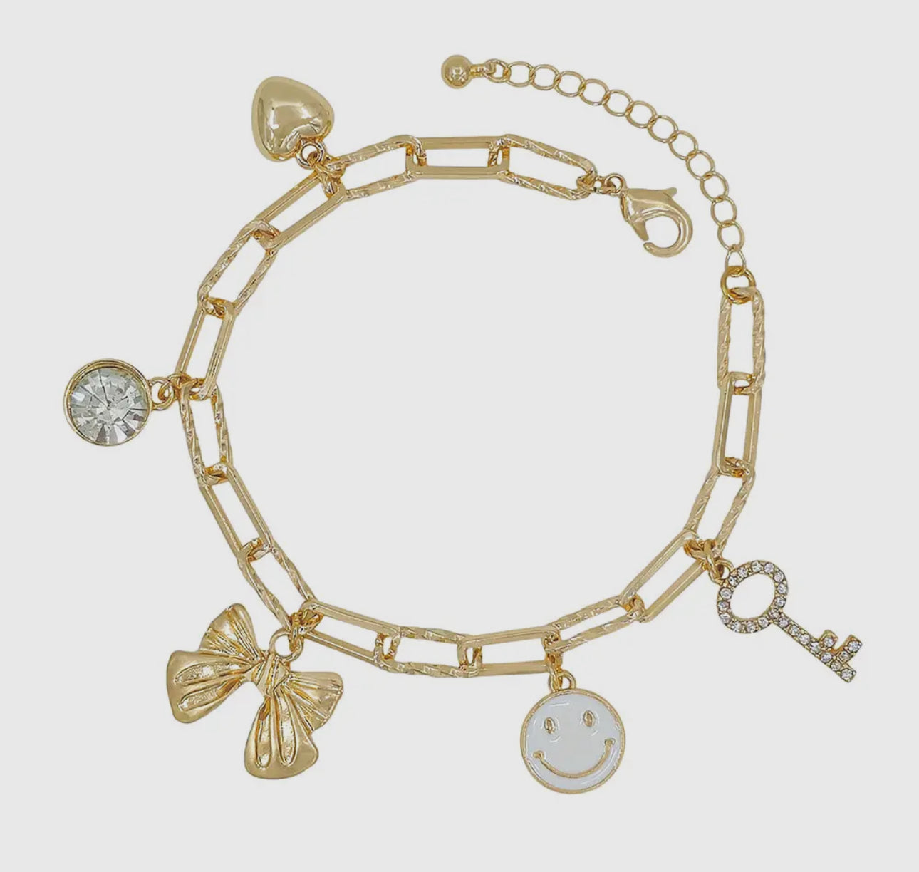 Gold Chain with Bow, White Smile, Heart, and Key Charm Bracelet