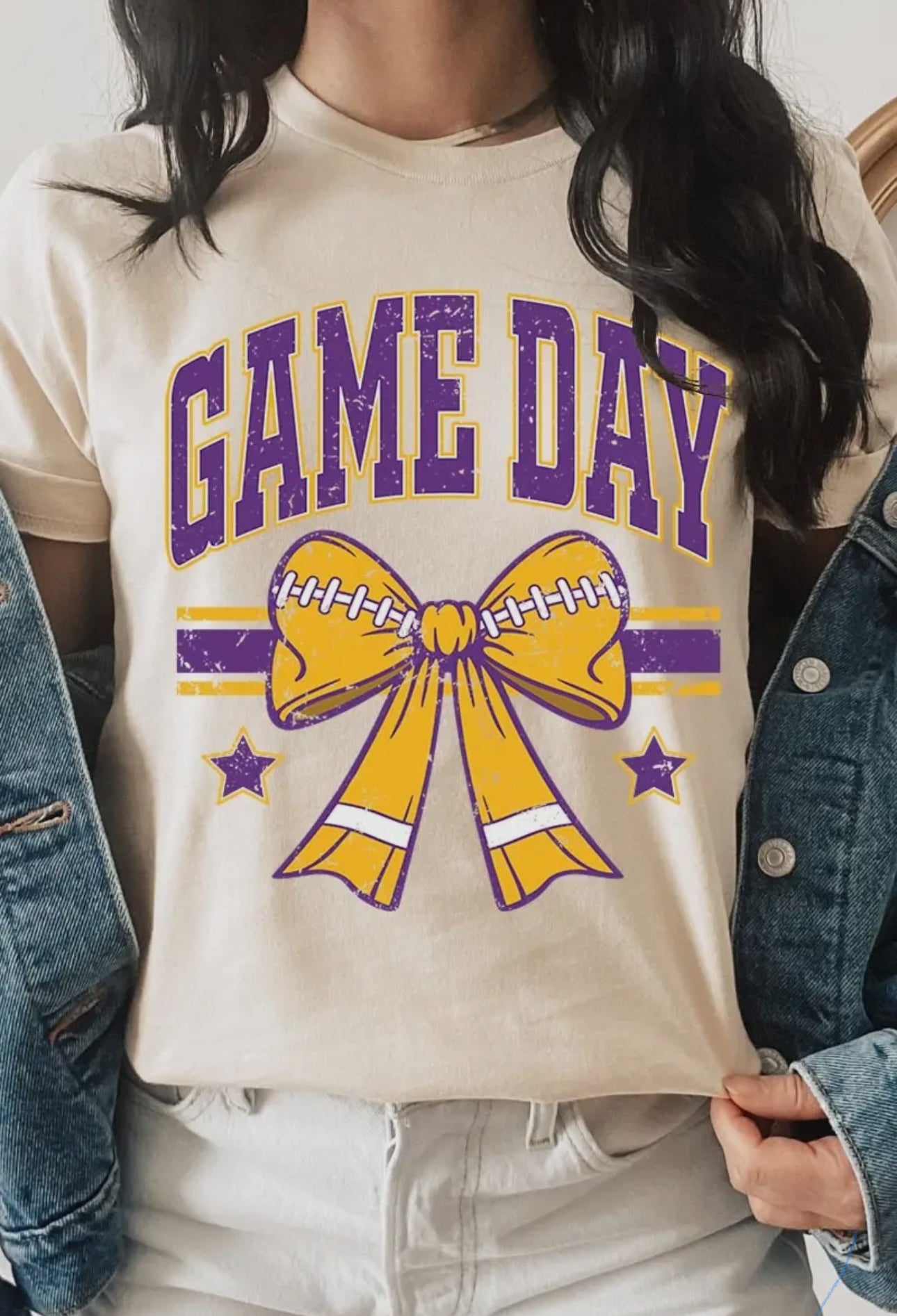 Purple Game Day Football Bow Graphic Tee