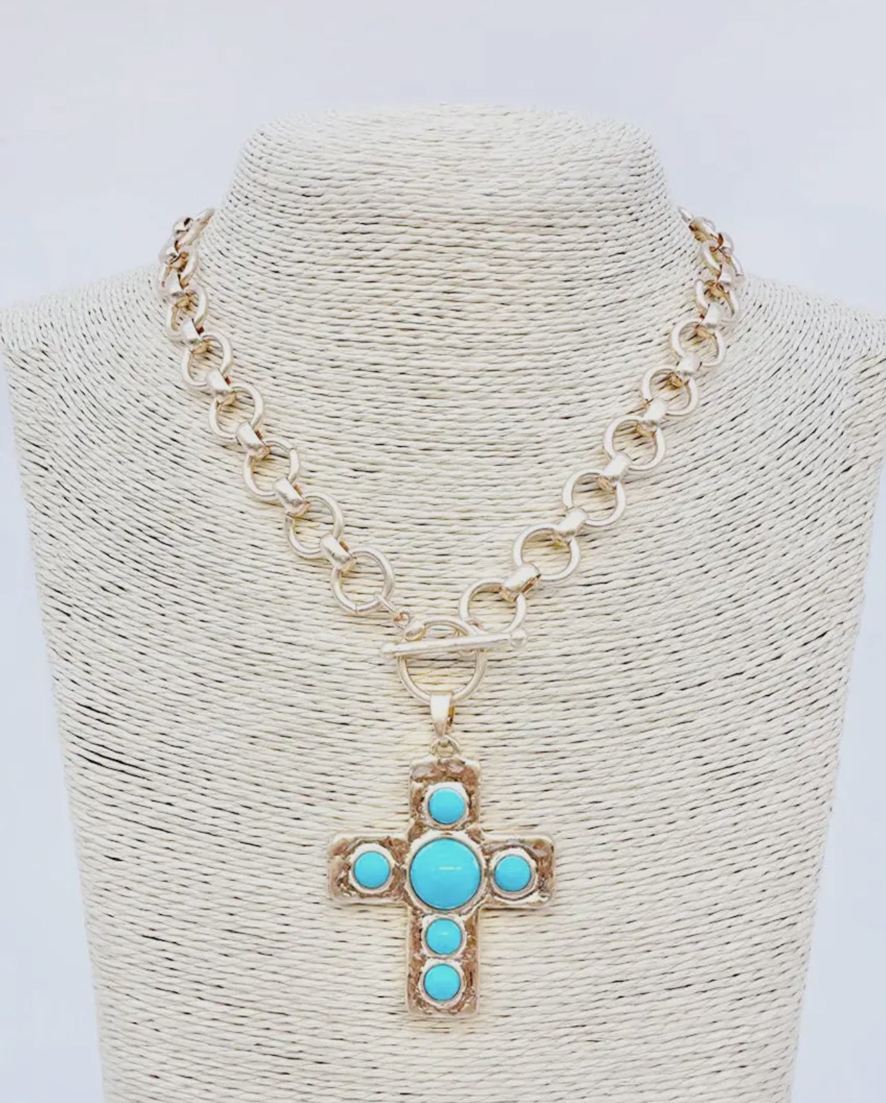 Gold Circle Chain with 1.75" Cross with Turqouise Accents 18" Necklace