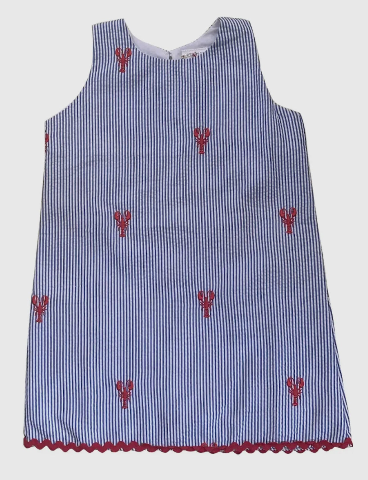 Blue Seersucker Girls Dress with Red
Embroidered Crawfish