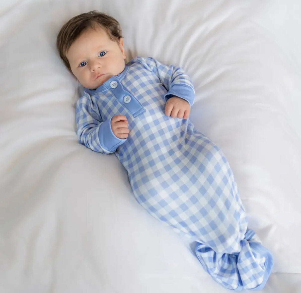 Boys Baby Knotted Gown - Blue Gingham