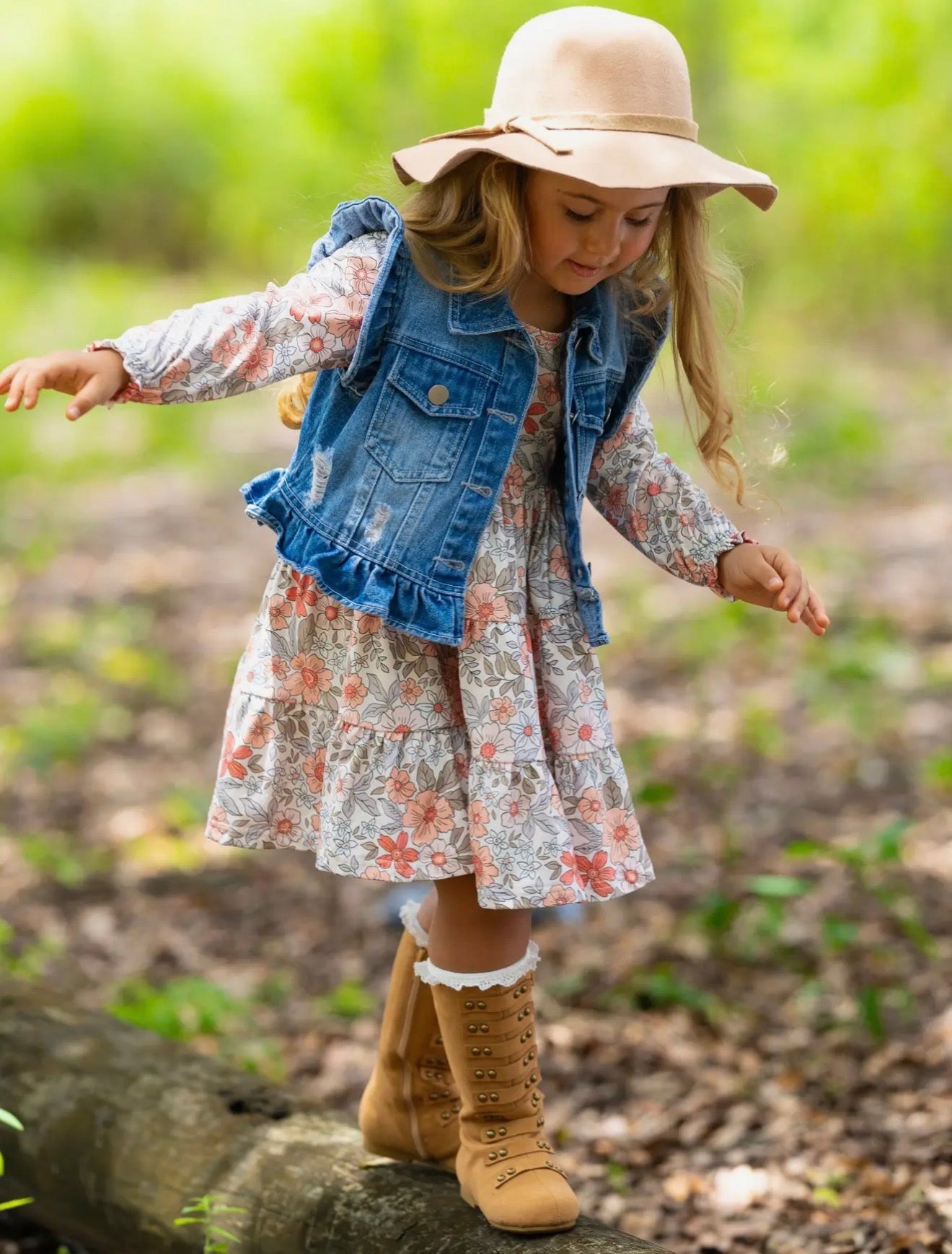 Long Sleeve Floral Dress w/ Ruffle Denim Vest & Set
