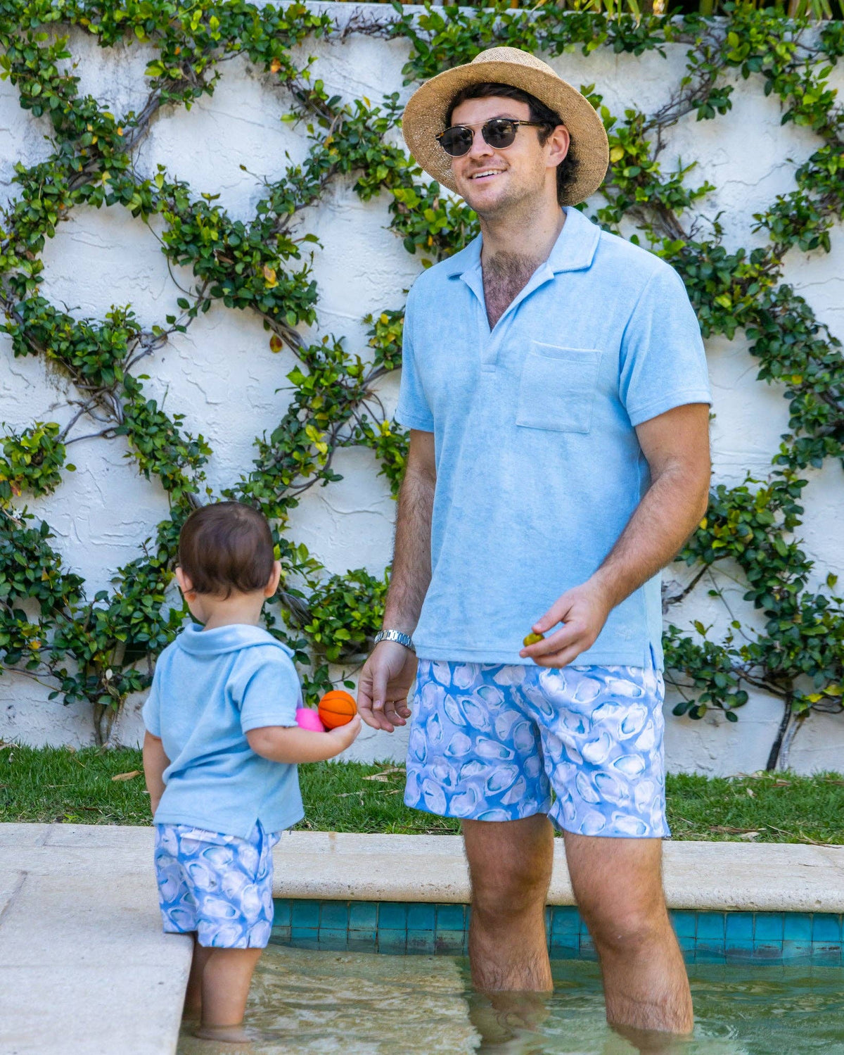 Boys Light Blue Oyster Print Swim Trunks