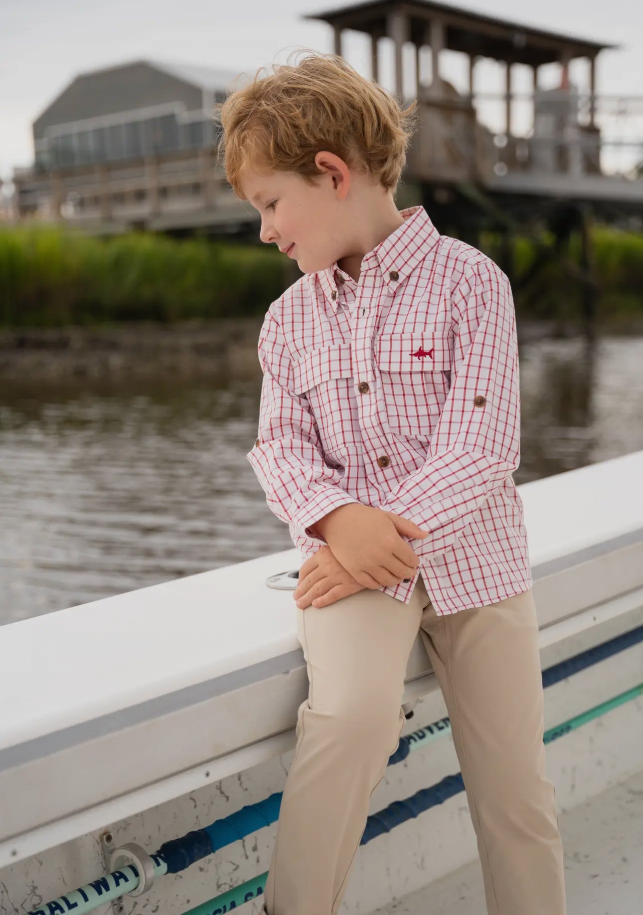Flagler Boys Fishing Shirt - Red Plaid