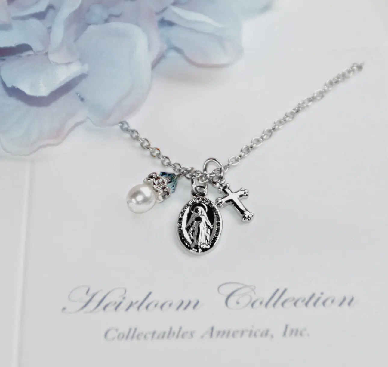 Catholic Mary Necklace Pearl, Crystal, Medal