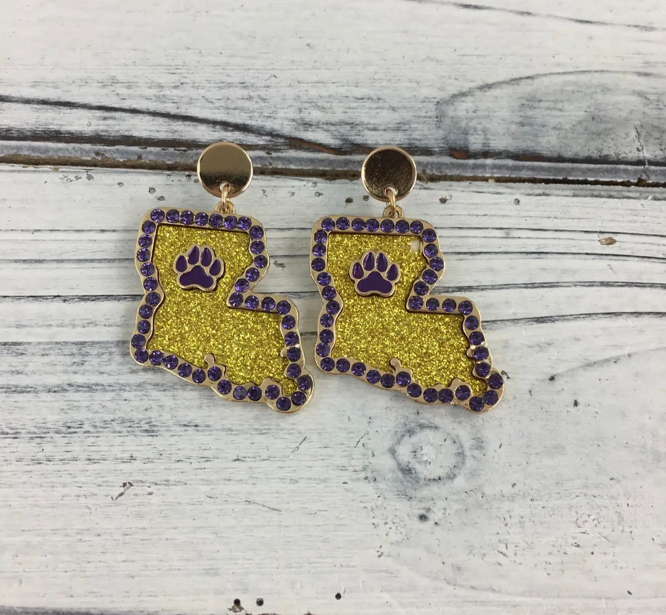 Purple and Gold Glitter La State Earrings