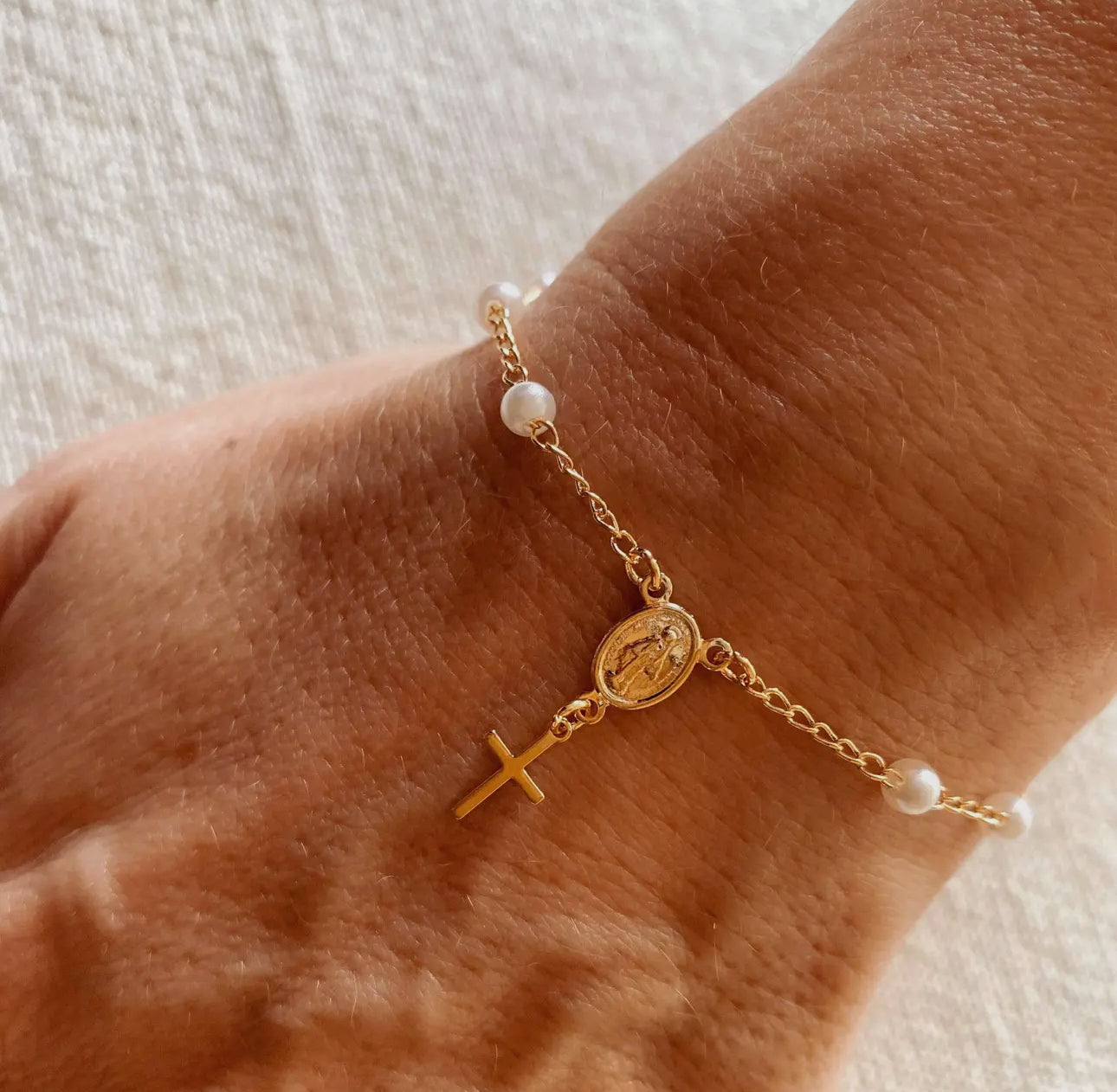 18k Gold Filled Pearl Rosary Bracelet