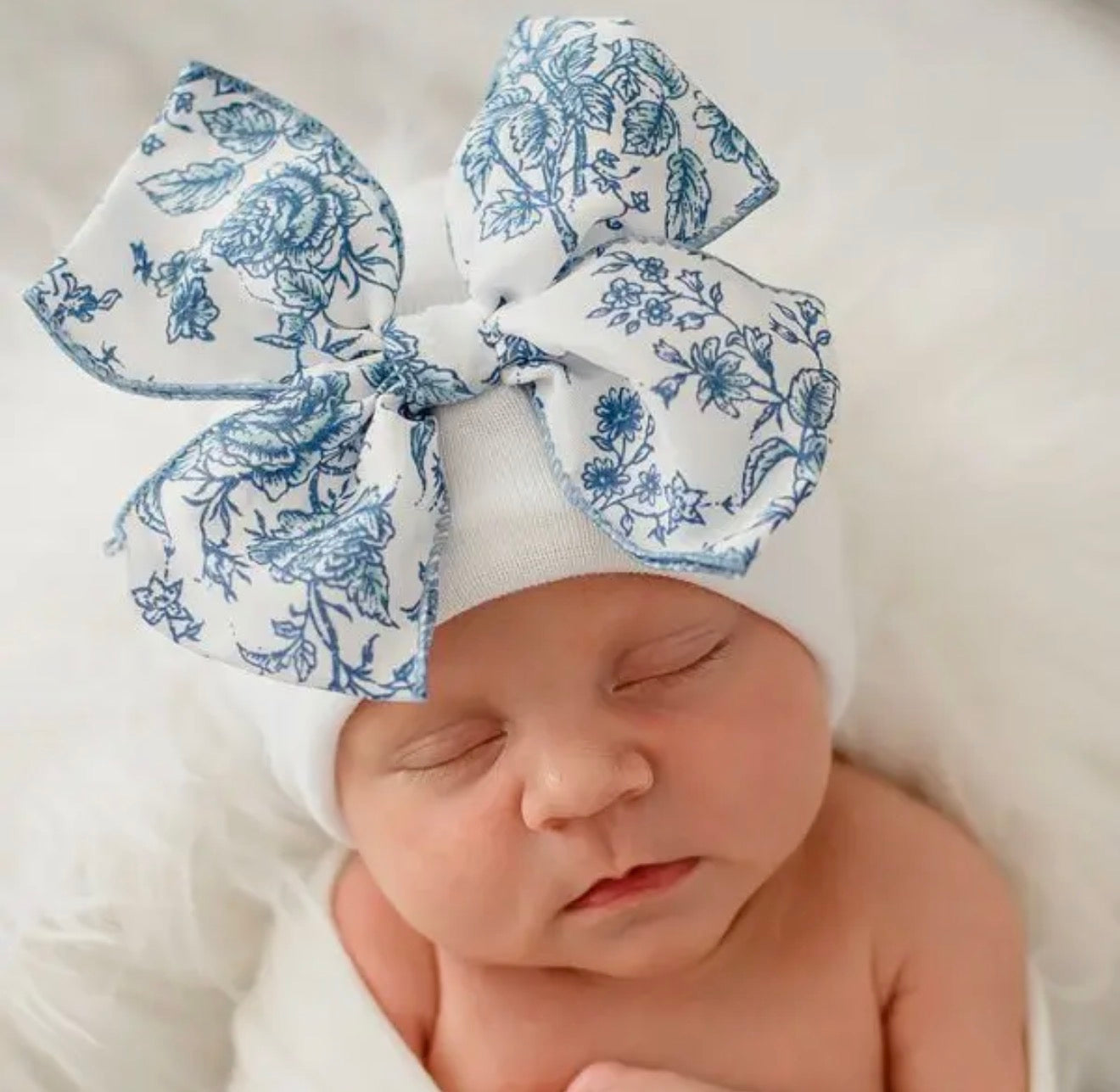 Floral Bow Blue Newborn Girl Hat
