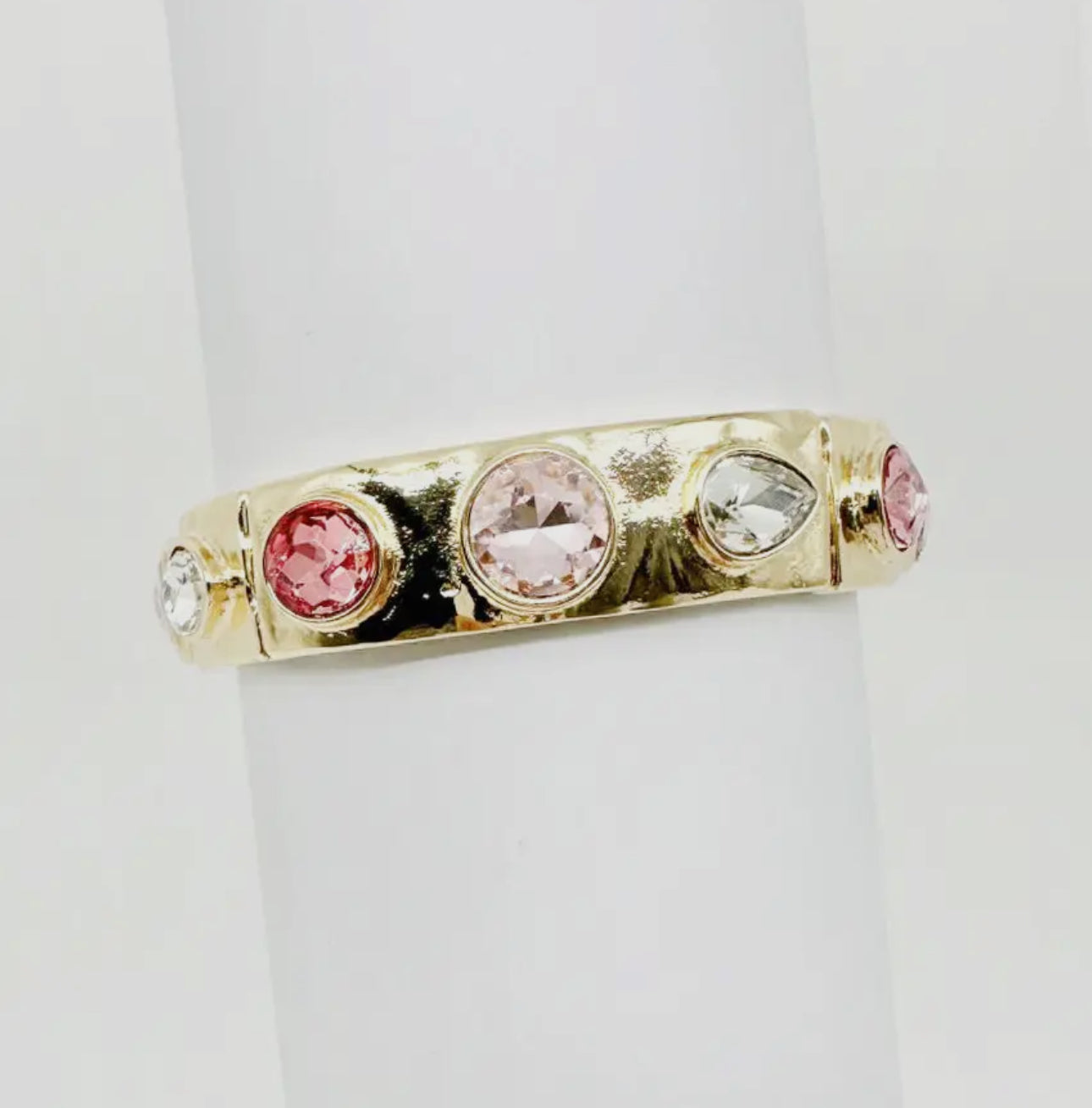 Gold Stretch Bangle with Oval with Pink
Crystal Accents
