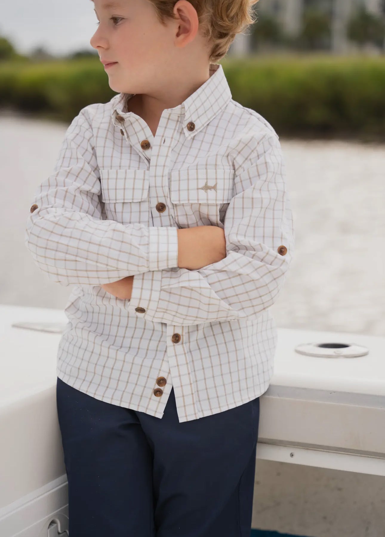 Flagler Boys Fishing Shirt - White/Khaki Plaid