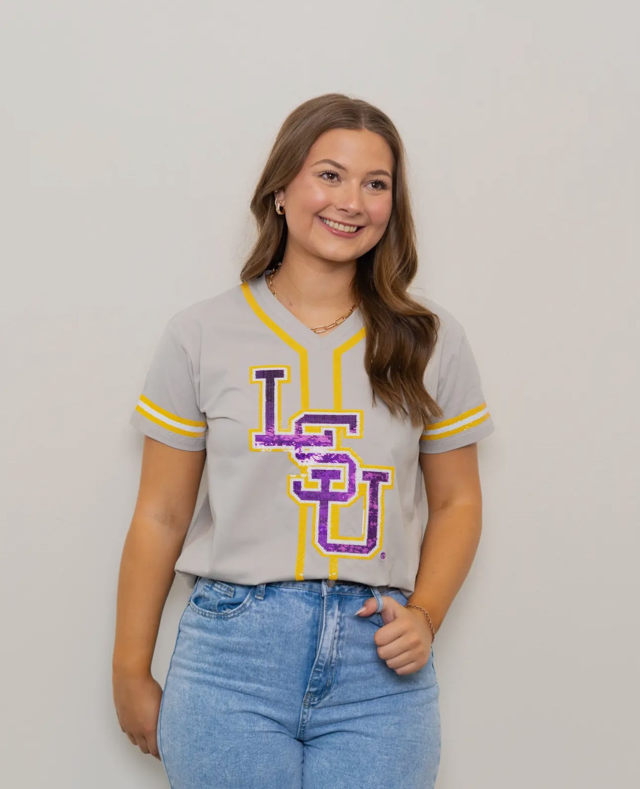 Lsu Baseball Logo (Licensed) |
Women's Sequin Embroidery Baseball Jersey Tee (Grey)