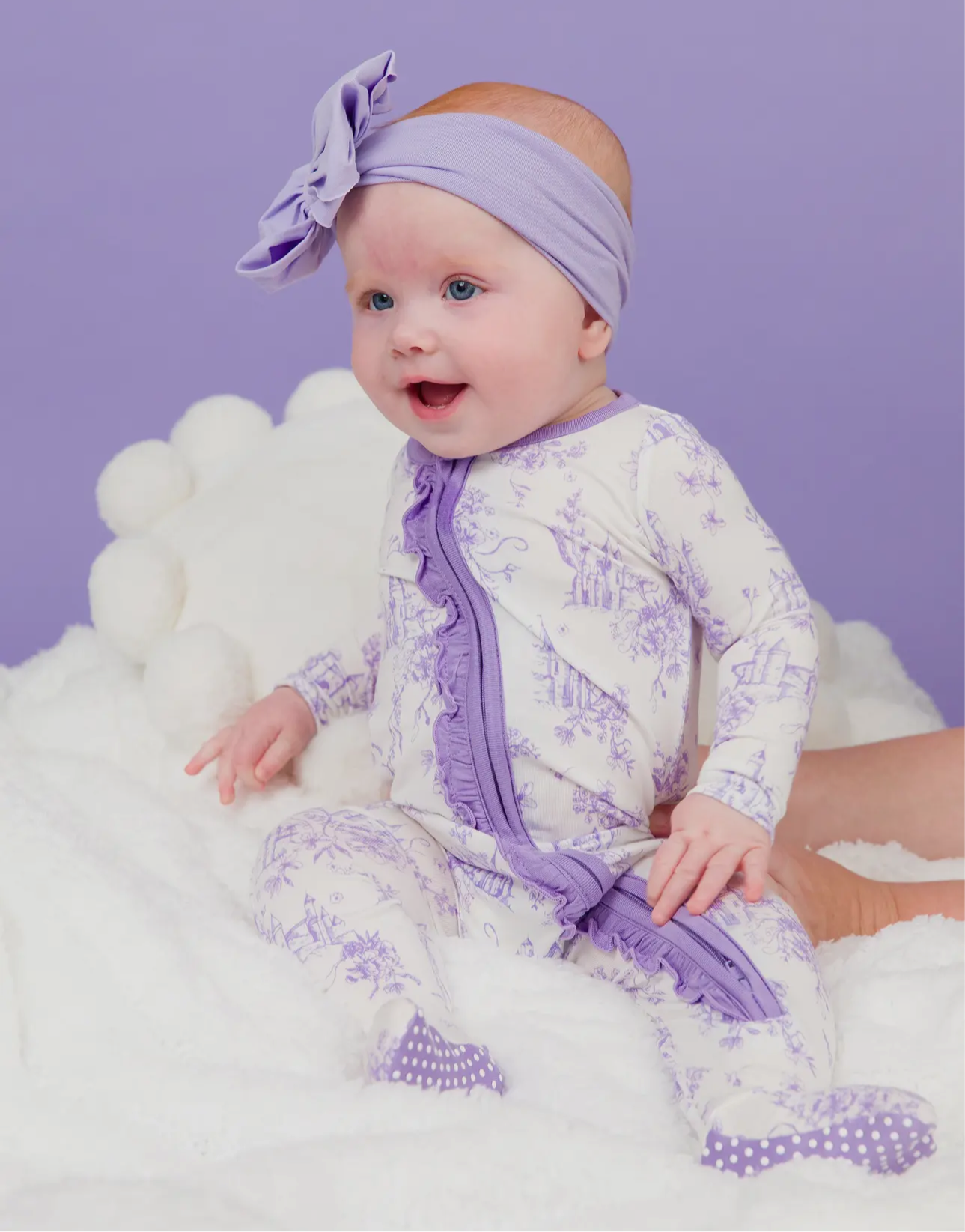 Baby Girl Purple Princess Castle Toile Bamboo Viscose Footed Ruffle One Piece Pajama