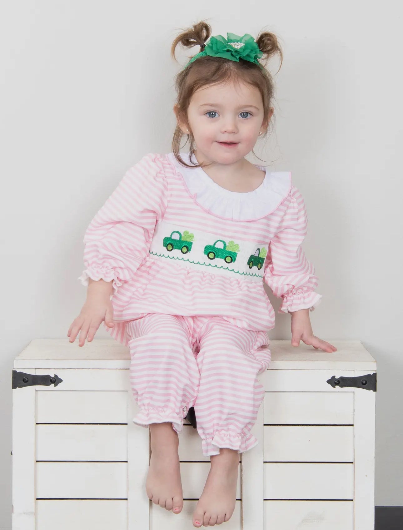 Pink Smocked Clover Truck Ruffle Romper