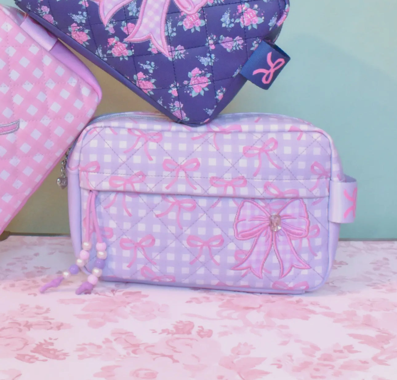 Quilted Gingham and Bow Printed Pouch