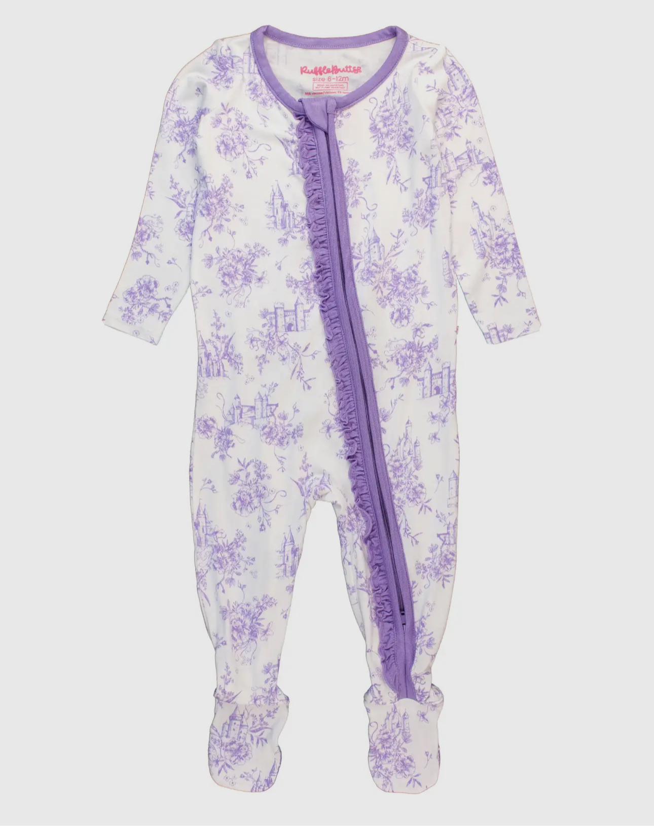 Baby Girl Purple Princess Castle Toile Bamboo Viscose Footed Ruffle One Piece Pajama