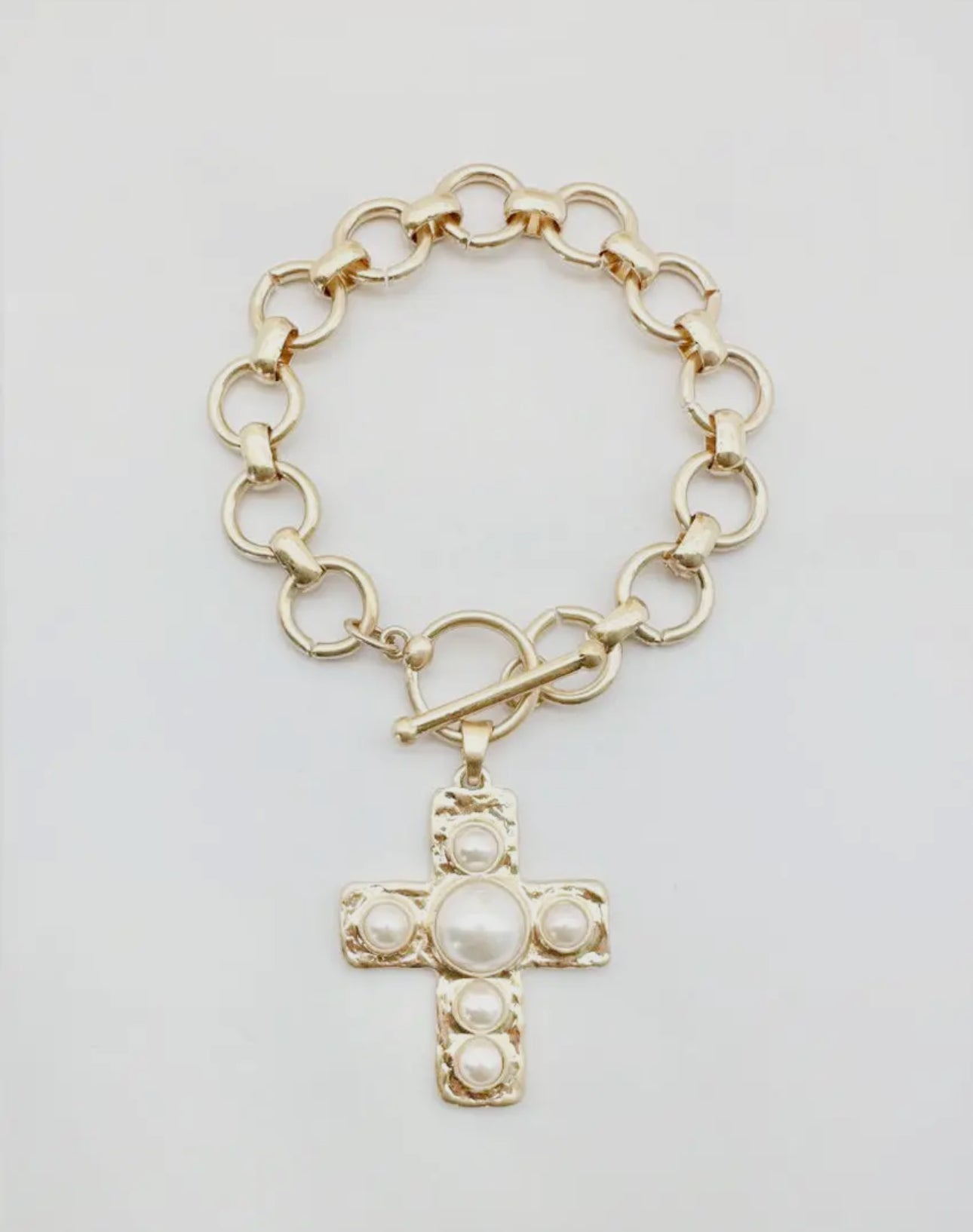 Gold Stretch Chain with Hammered Cross with Pearl Accent Charm