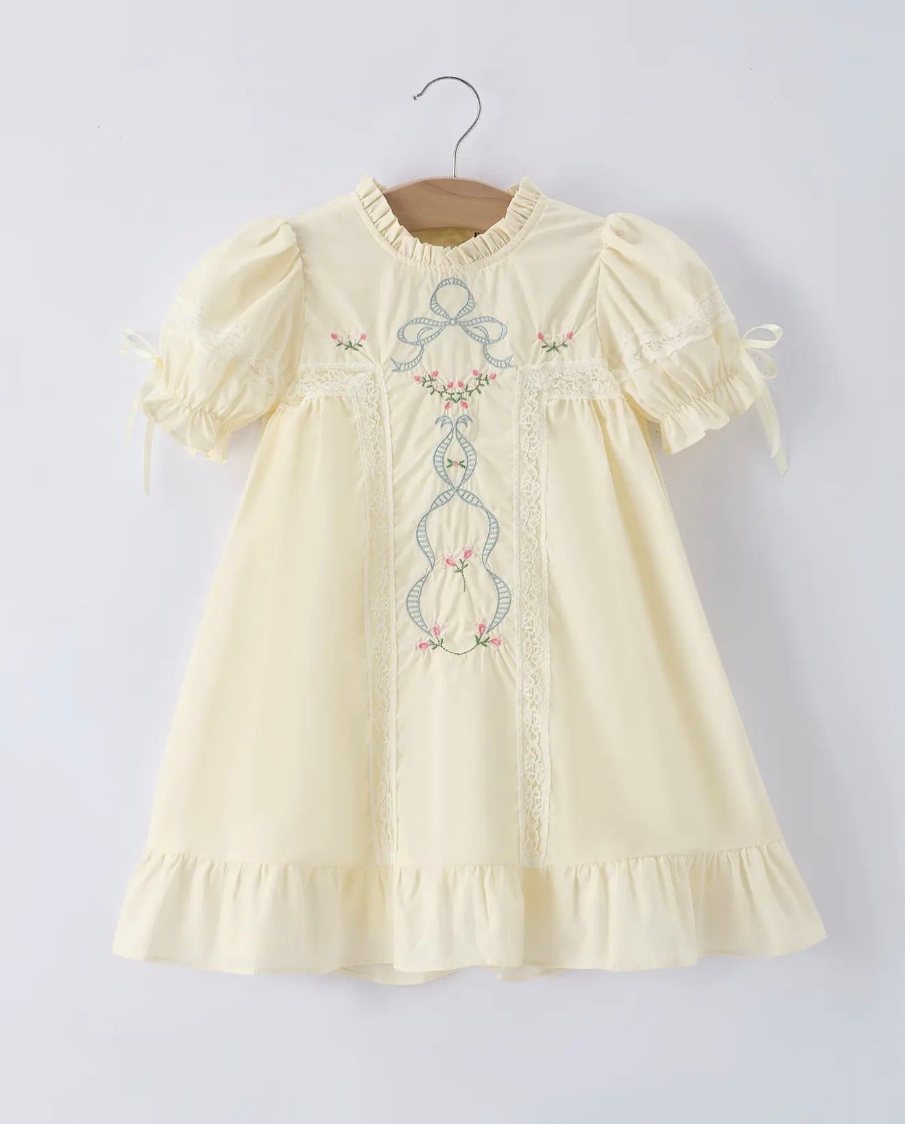 Embroidered Lace Girls' Short-Sleeved Dress-Beige/Pink
