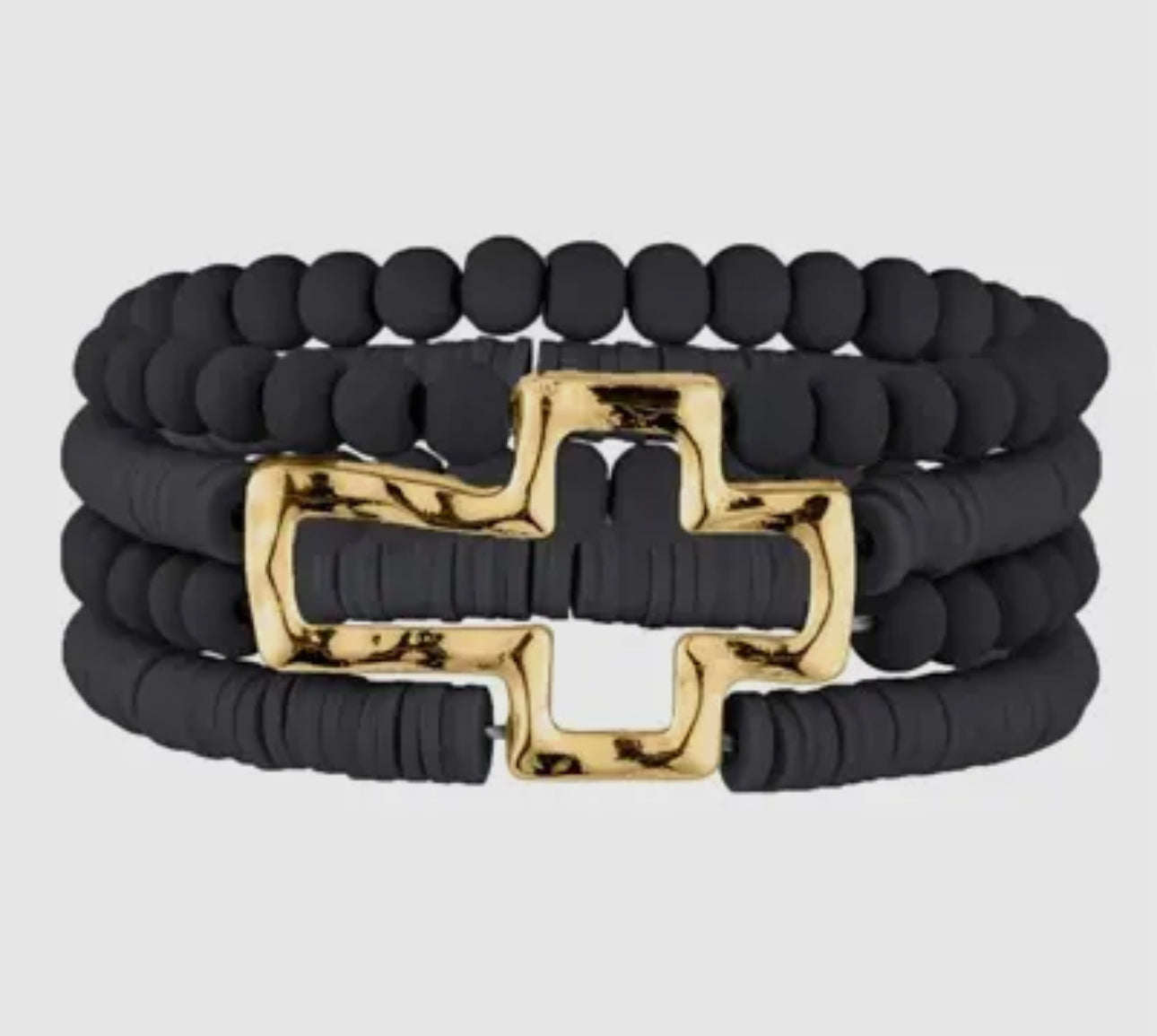 Black Wood and Rubber with Gold Cross
Stretch Bracelet