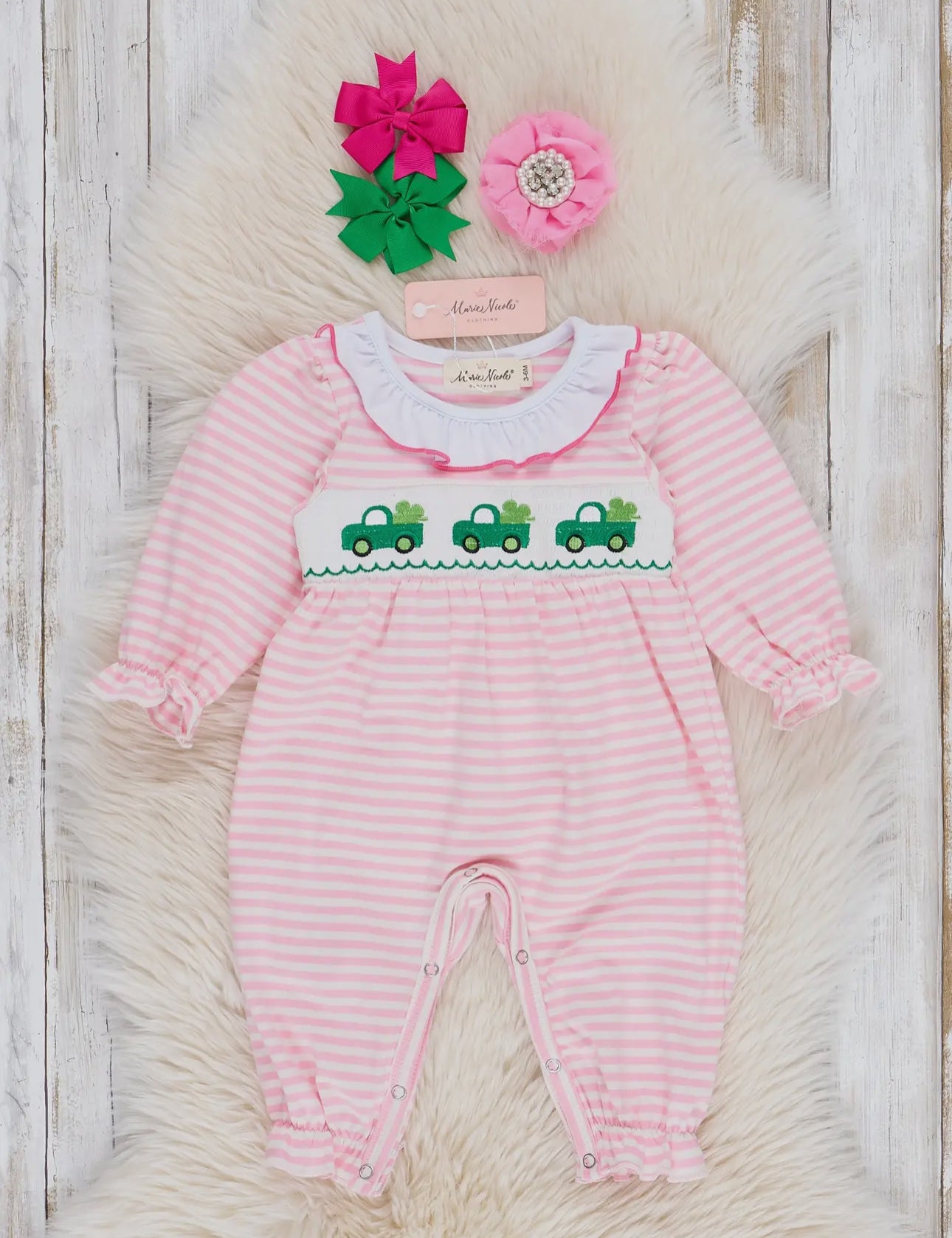 Pink Smocked Clover Truck Ruffle Romper