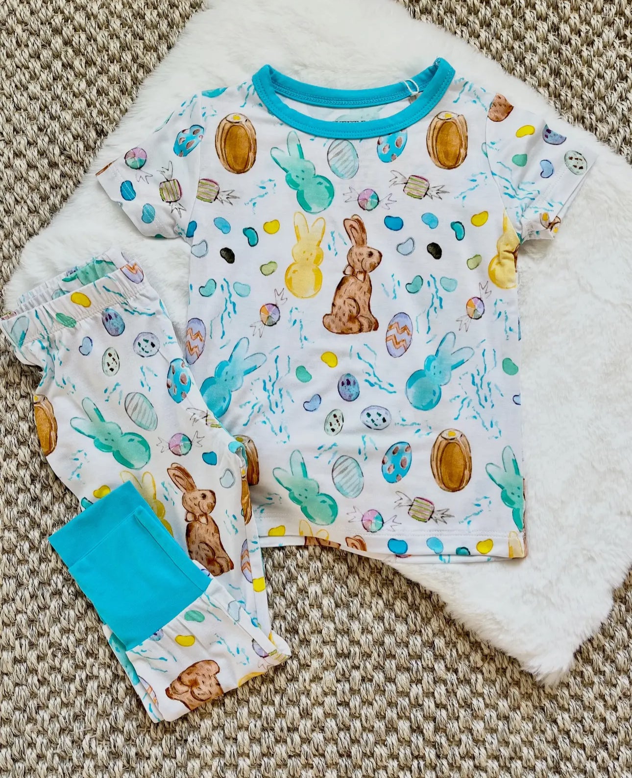 “Easter” Candy Pajama Pants Set- White/Blue