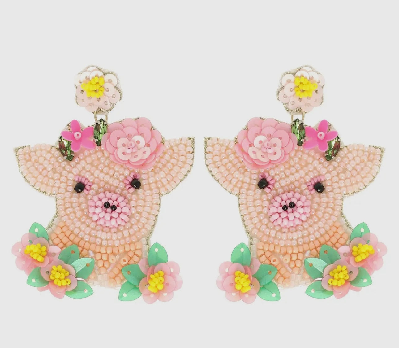 Farm Animal “Pig” Beaded Embroidery Sequin- Earrings