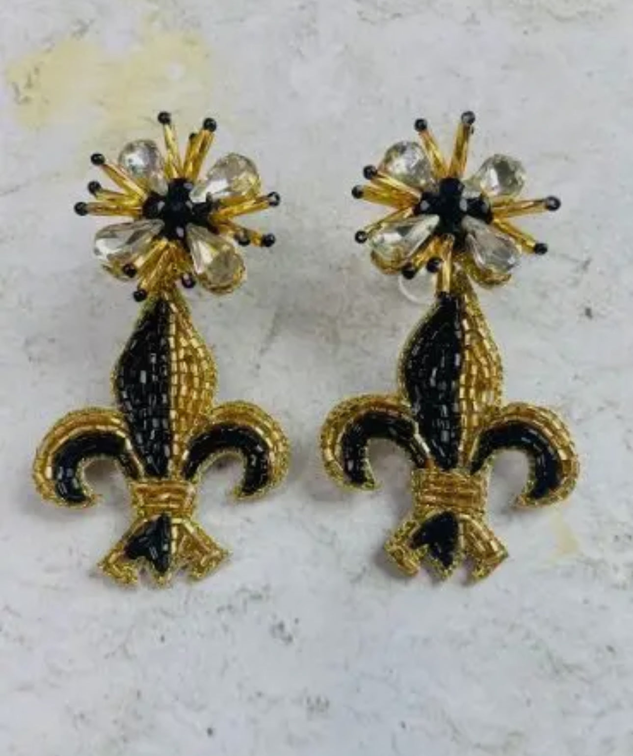 “Fleur De Lis” Beaded Earrings- Black/Gold