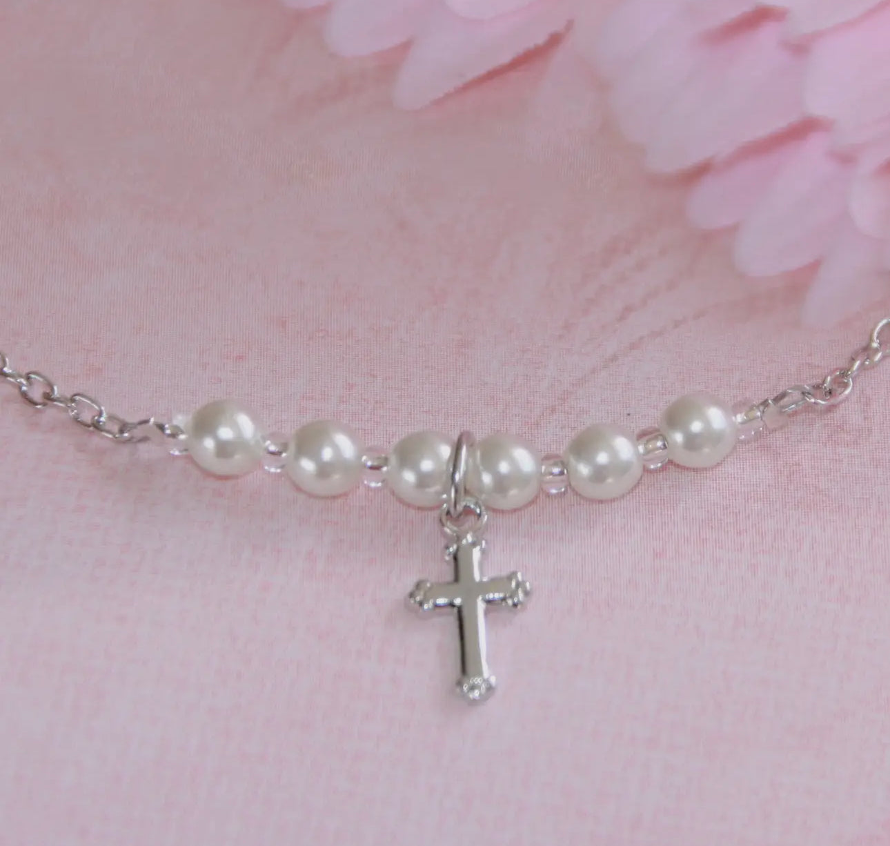 Cross Pearl Rhodium Necklace