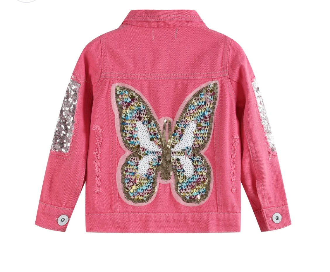 Sequin Denim Jacket- Pink Butterfly