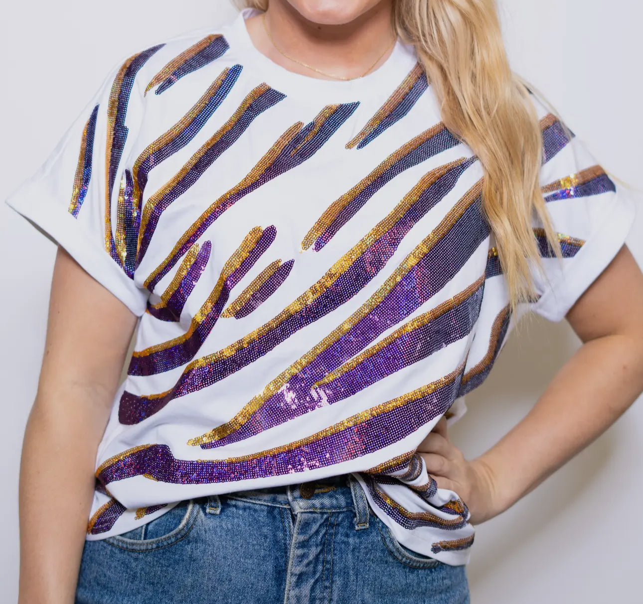 Purple & Gold Tiger Stripe | Women's Sequin Design Tee