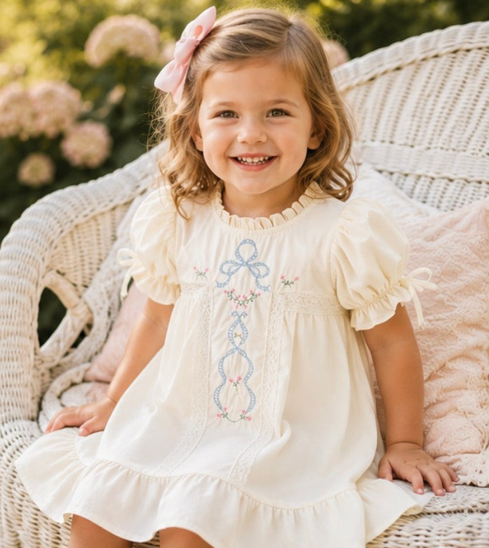 Embroidered Lace Girls' Short-Sleeved Dress-Beige/Pink