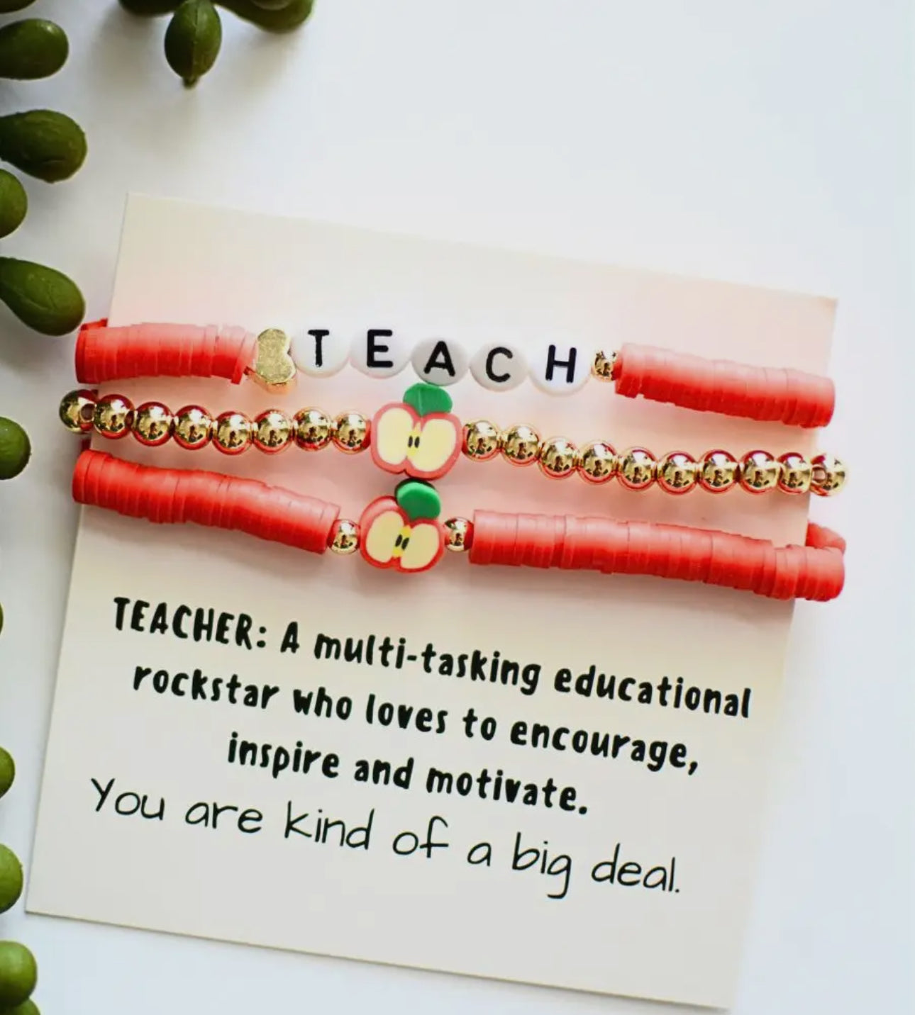 Wood Beaded Teachers Stretch Bracelet Set- Teach