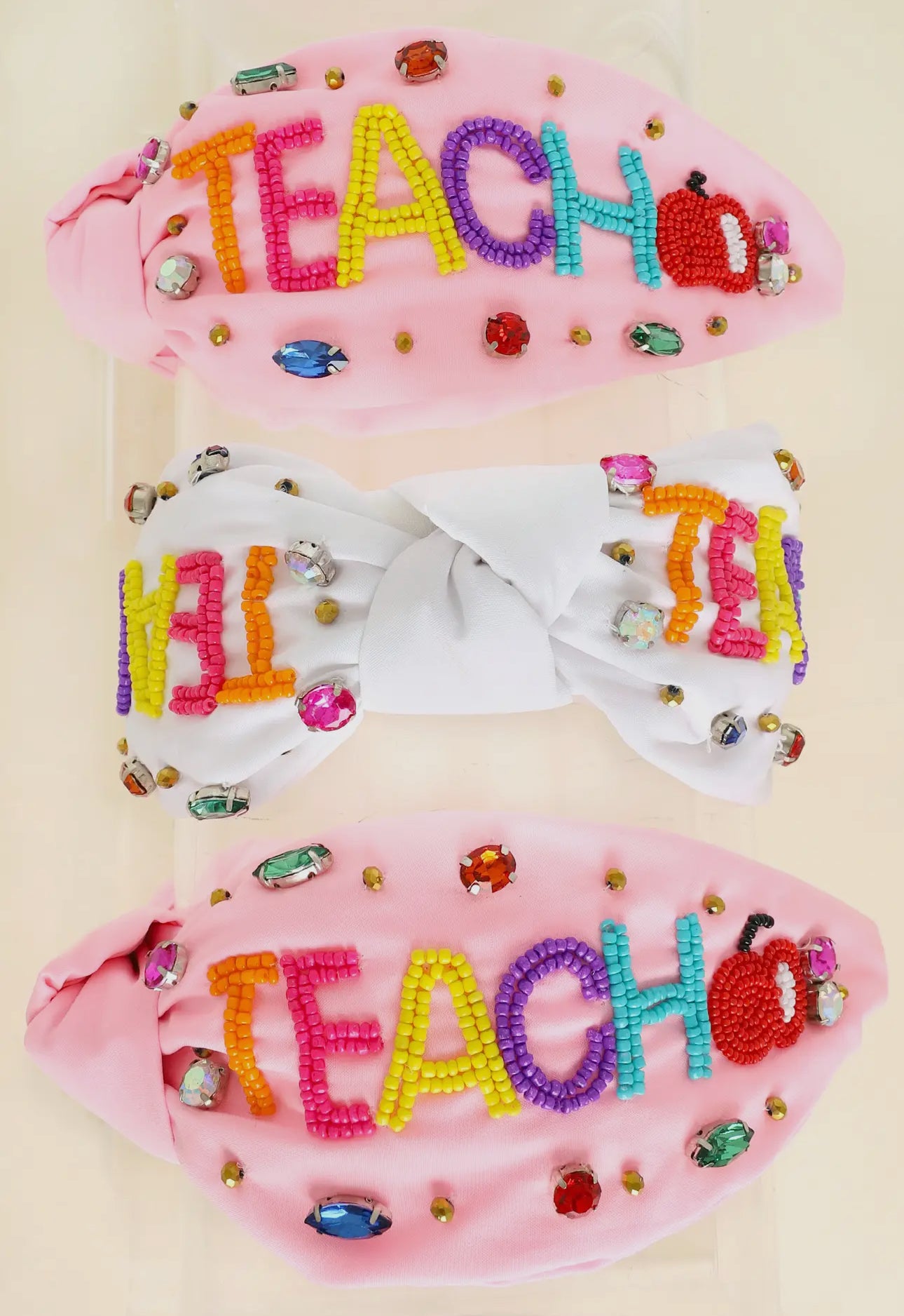 Beaded "Teach & Apple” w/ Rhinestones Knotted Pink- Headband