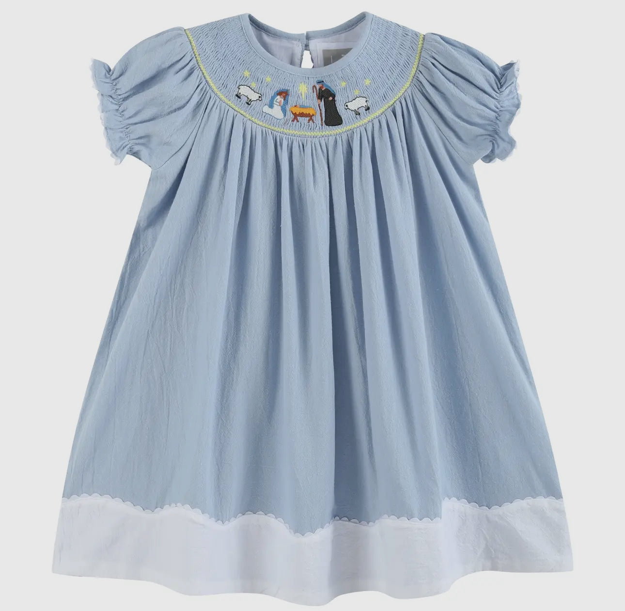 Light Blue Nativity Smocked Bishop
Sleeve Dress