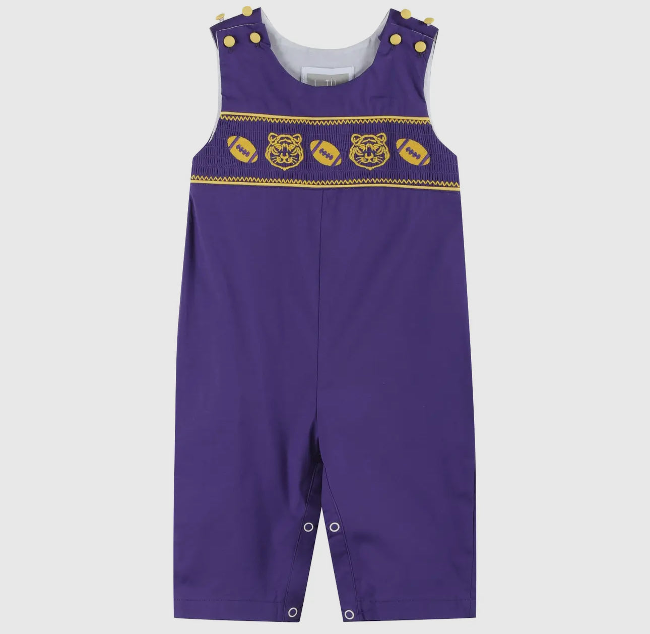 “Football and Tiger” Smocked Overalls- Purple/Gold