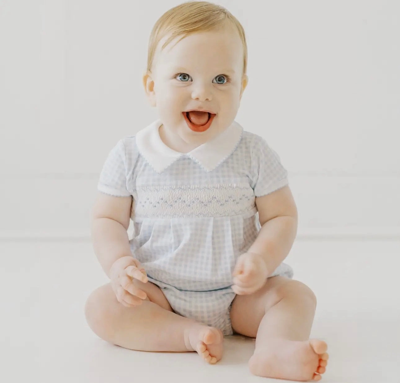 Mini Checks Smocked Collared S/S Bubble
- Blue