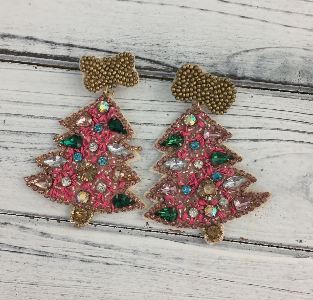 Beaded “Christmas Tree” Earrings- Pink