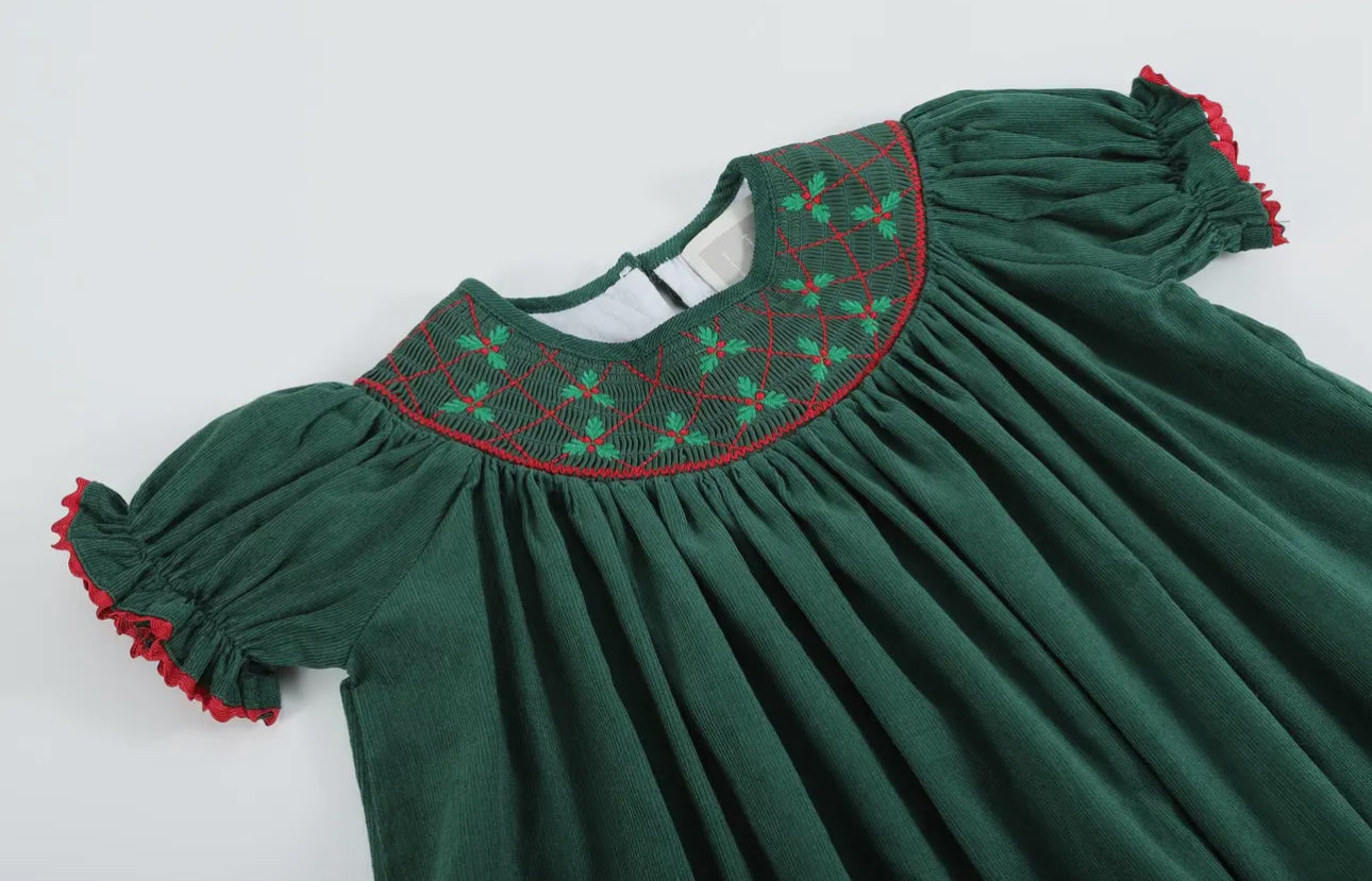 Green Christmas Mistletoe Smocked
Bishop Dress