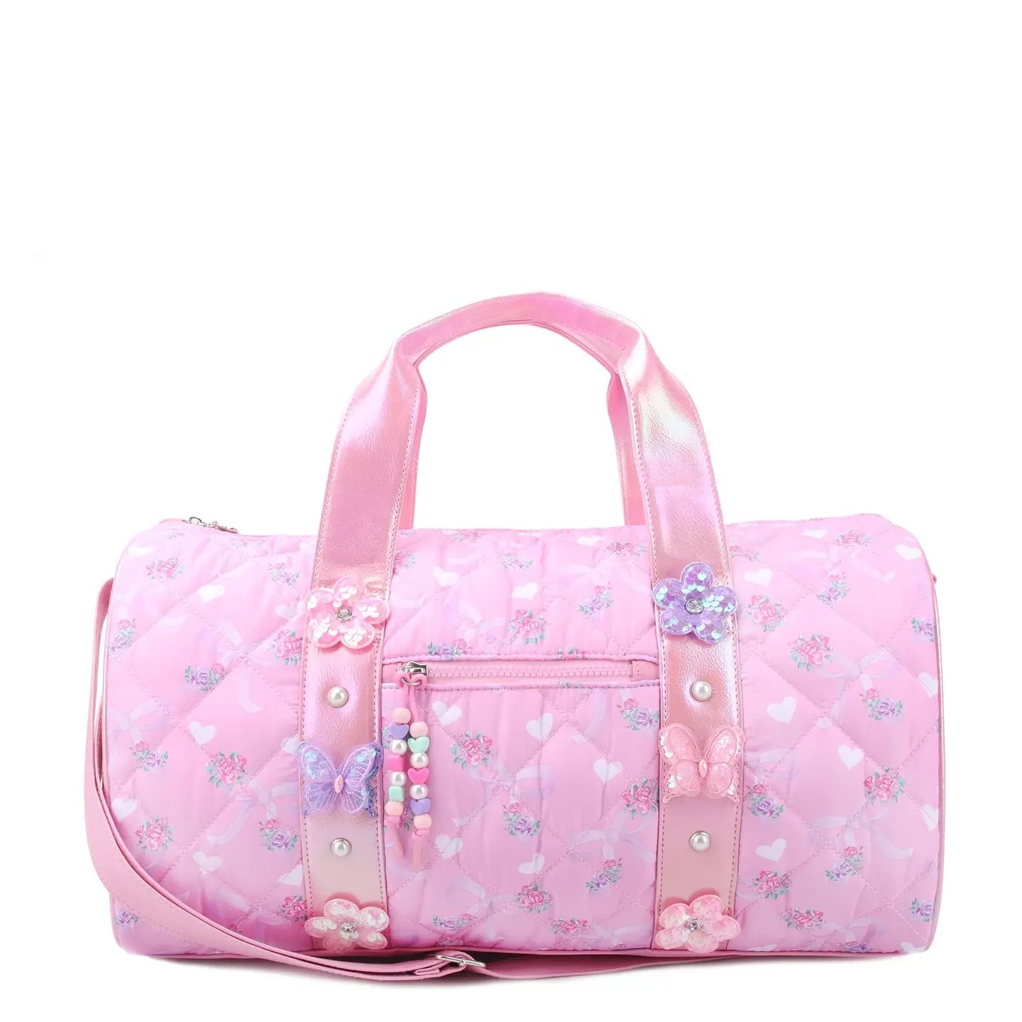OMG OCCESSORIES QUILTED FLORAL BOW LARGE BARREL DUFFLE BAG