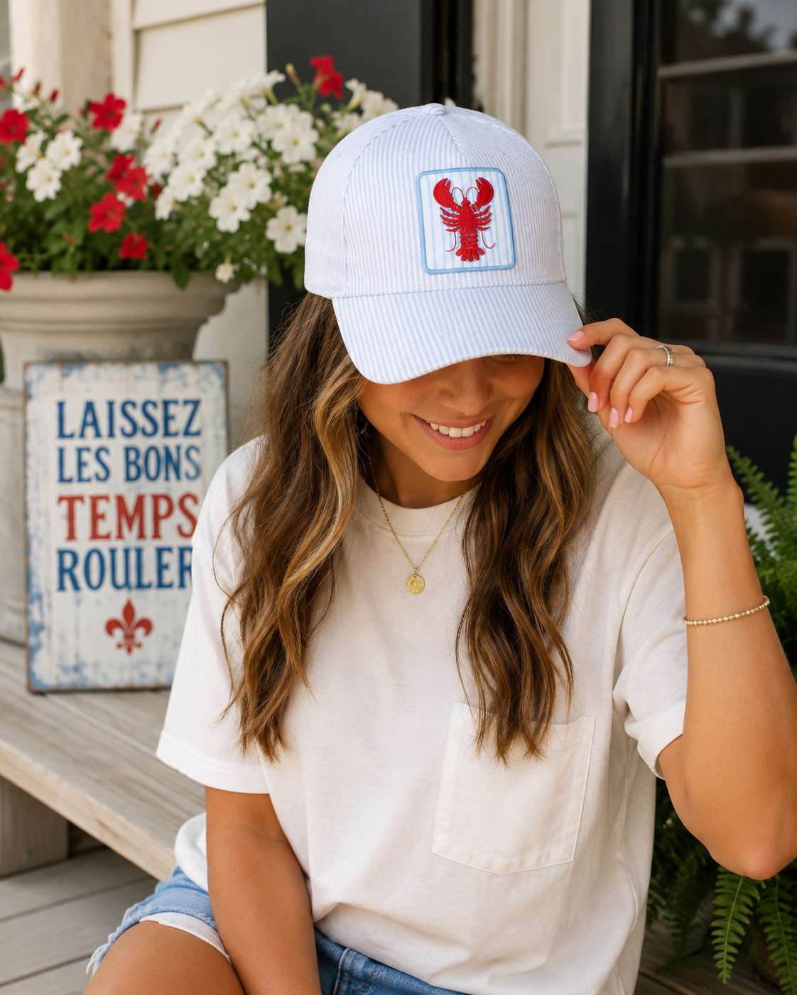 Crawfish Embroidered Patch Seersucker Trucker Hat