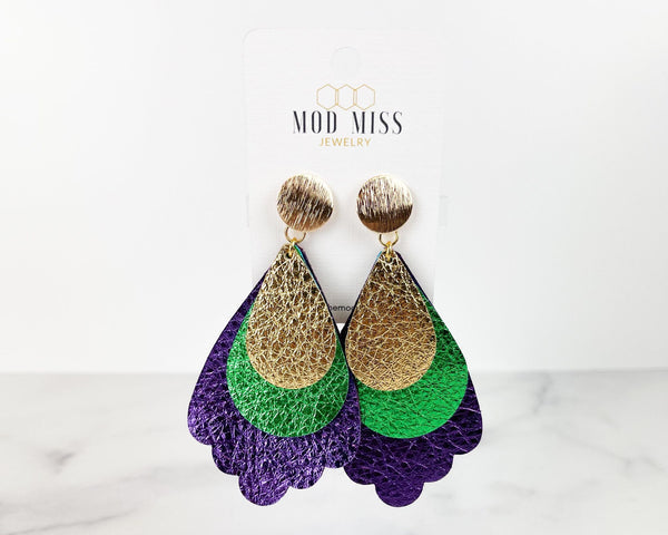 “Triple Trellis, Mardi Gras” with Gold Stud- Earrings