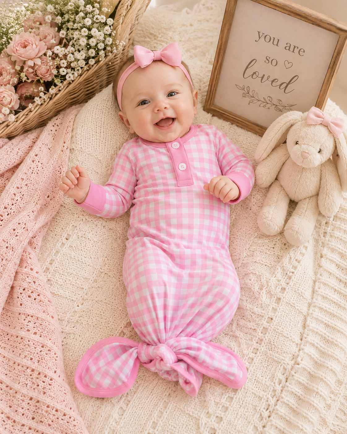Girls Baby Knotted Gown - Pink Gingham