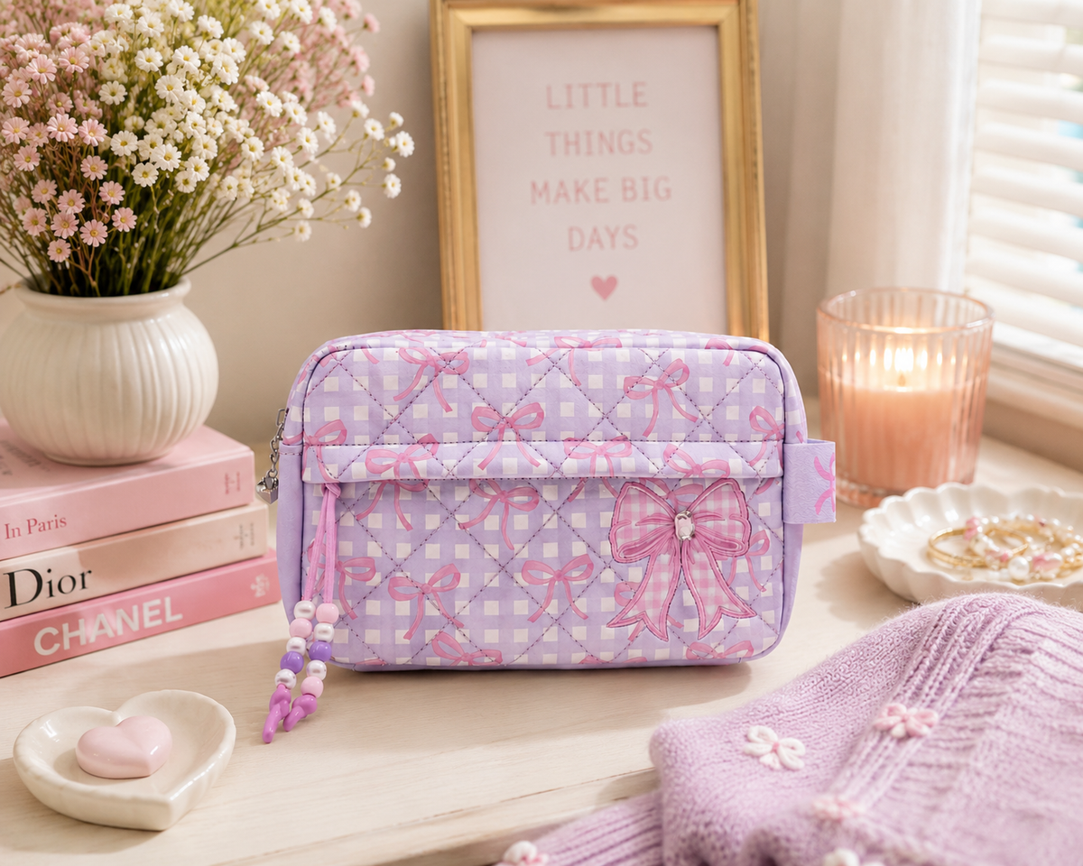 OMG Collection | Quilted Gingham & Bow Cosmetic Pouch