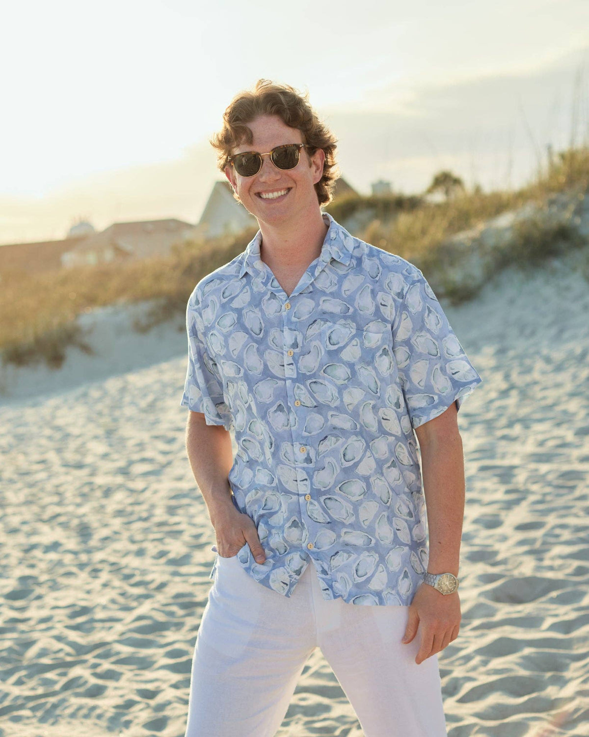 Mens Light Blue Oyster Print Short Sleeve Shirt