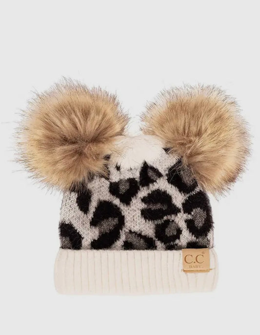 C.C Baby Leopard Double Pom Pom Beanie Hat- Ivory