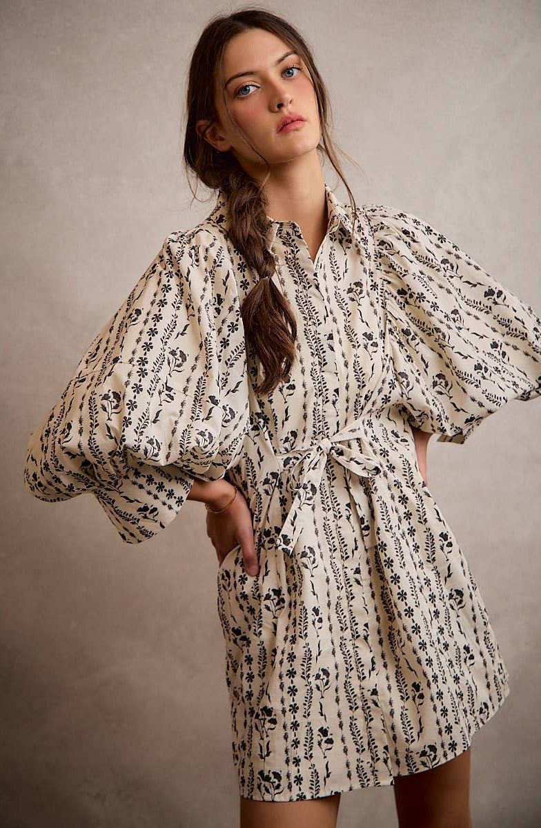 Floral Collared Long Puff Sleeve Tie Waist Mini Dress