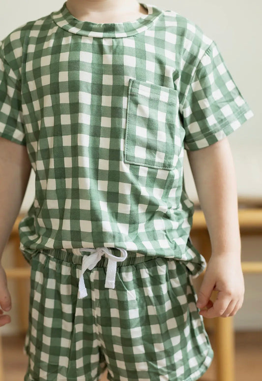 Green Gingham Bamboo Varsity Short Set - T-Shirt & Shorts