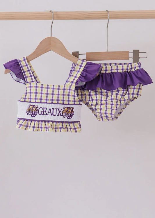 Purple Lsu Geaux Smocked 2pc Swimsuit