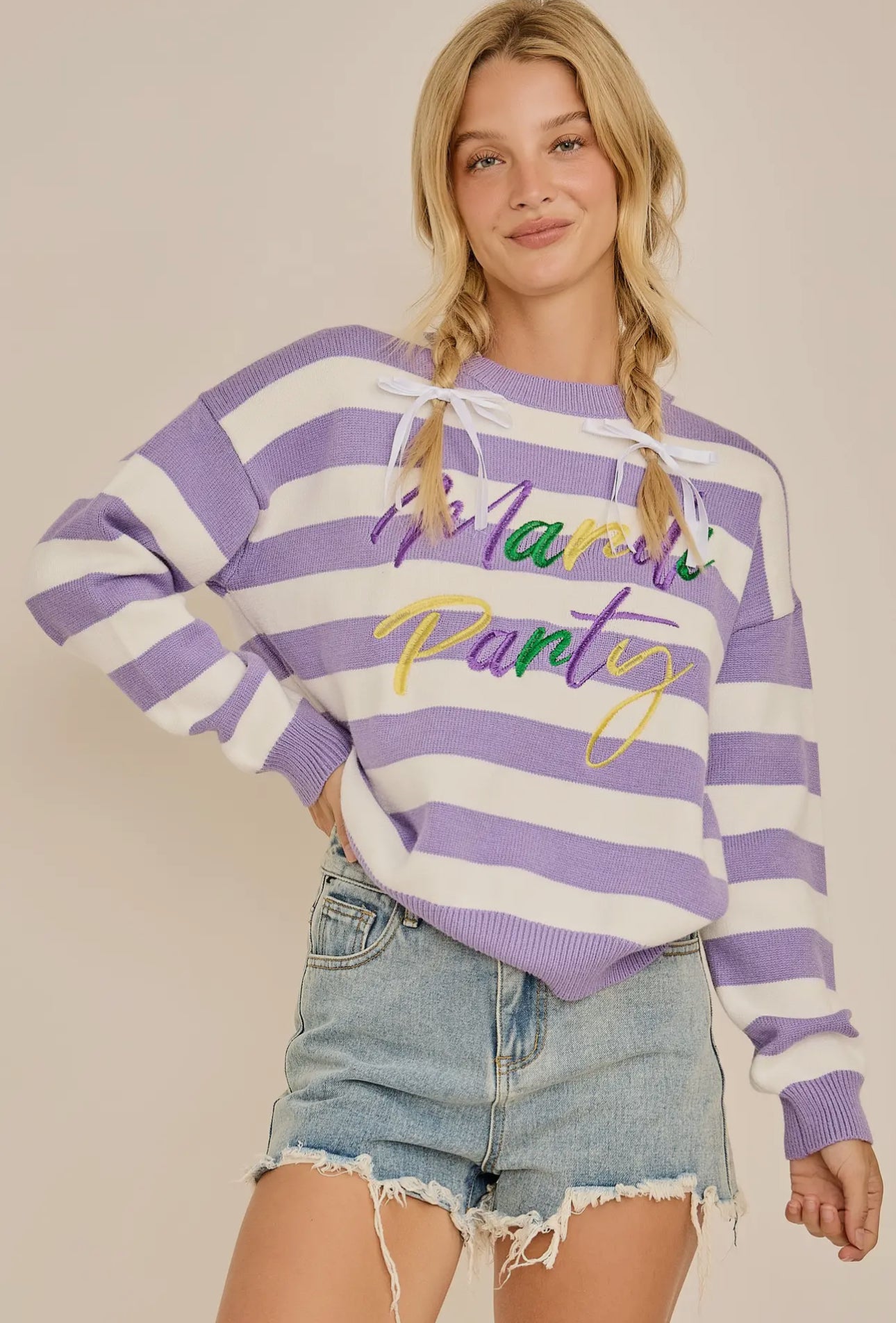 Mardi Party Striped Knit Sweater - Purple & White