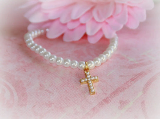Girl Classic Gold Cross Pearl 6" Bracelet