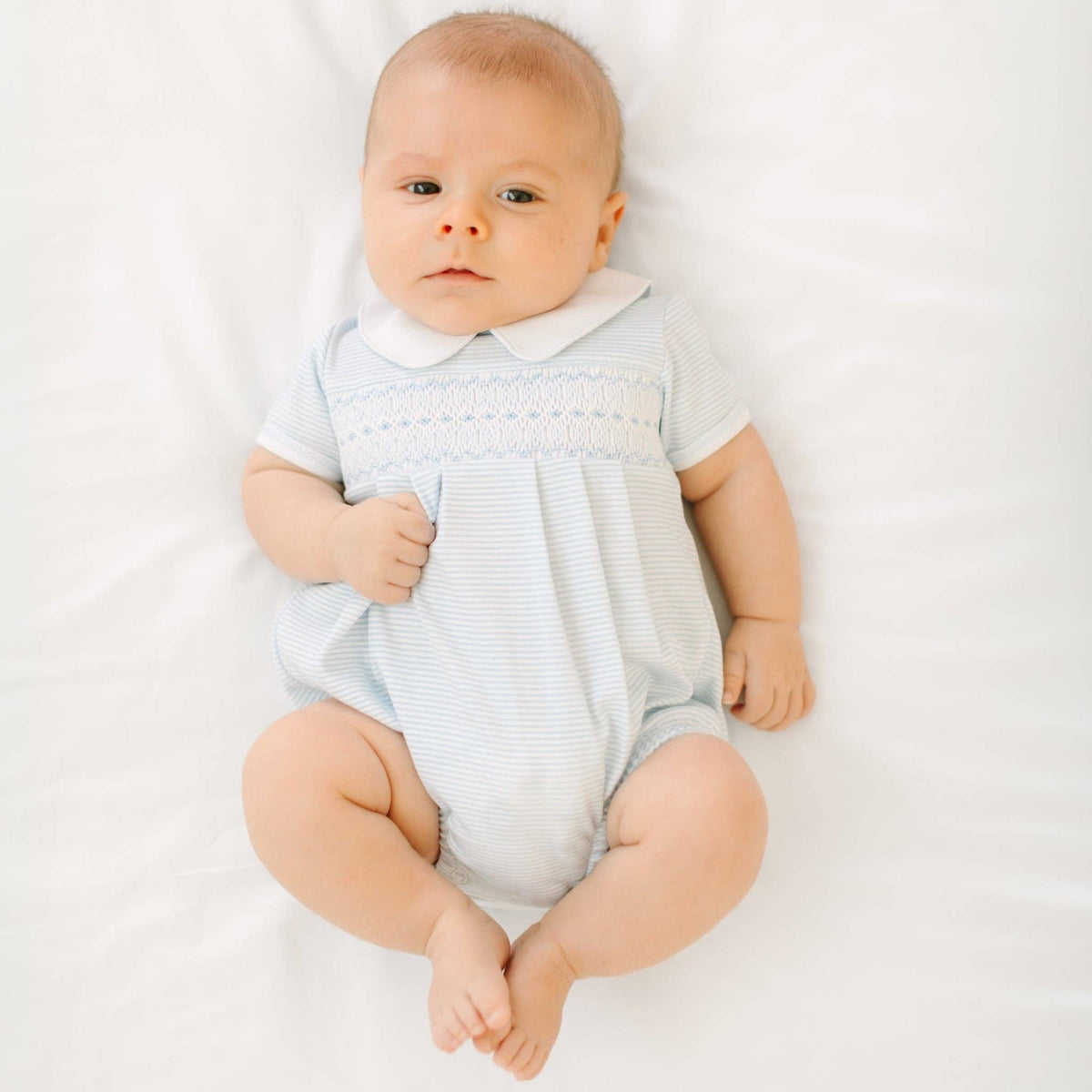 Benjamin Smocked Short Sleeve Bubble - Light Blue